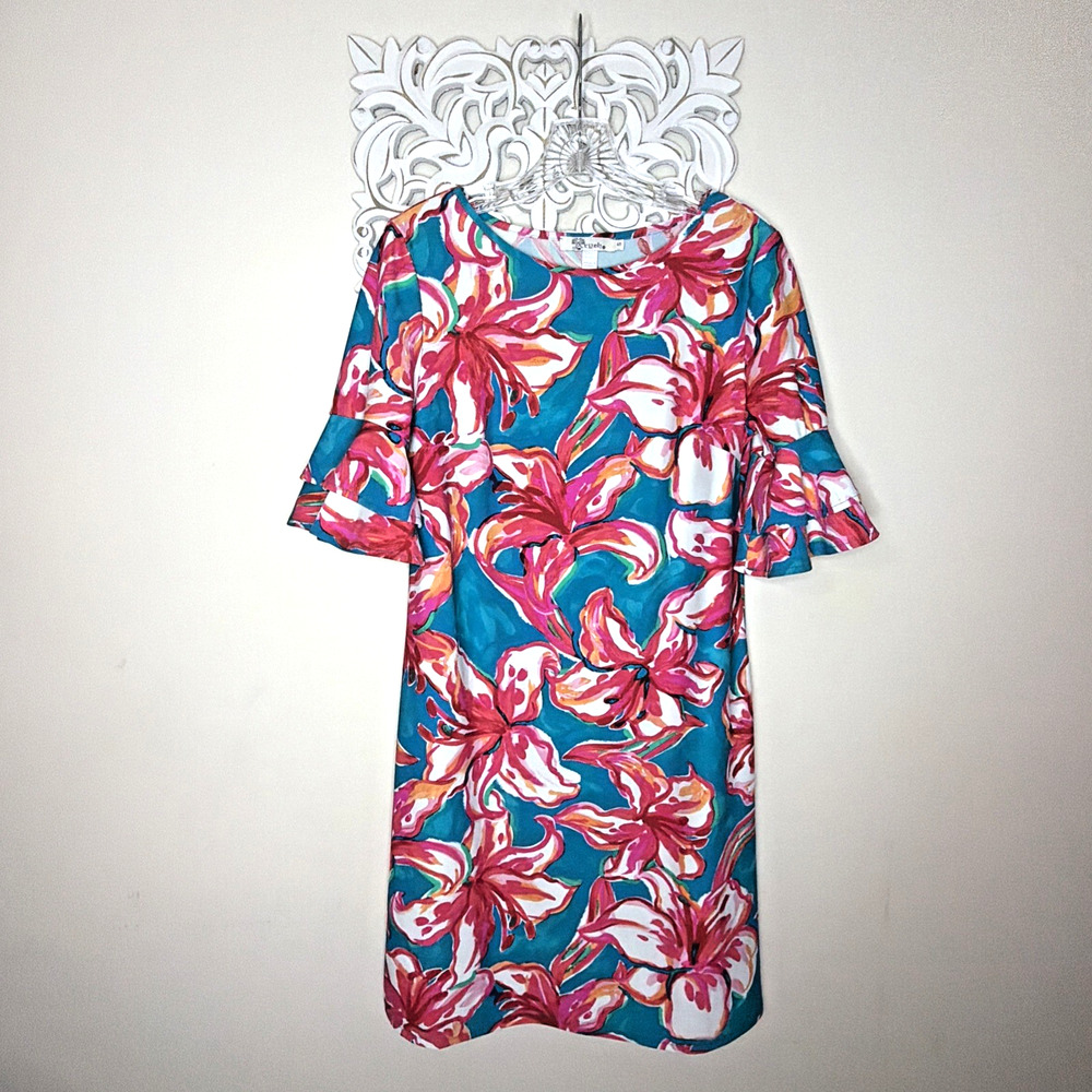 ARYEH size Small A-Line Shift Pullover Dress Short Sleeves Bold Floral Print